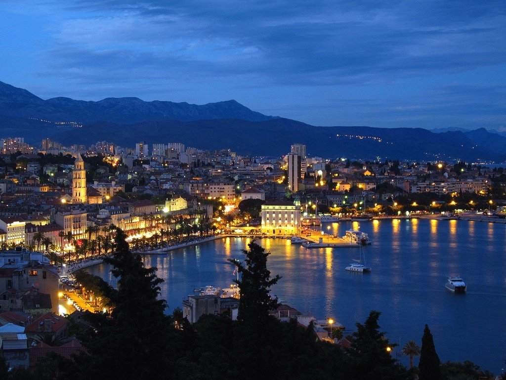 Night panorama across Split